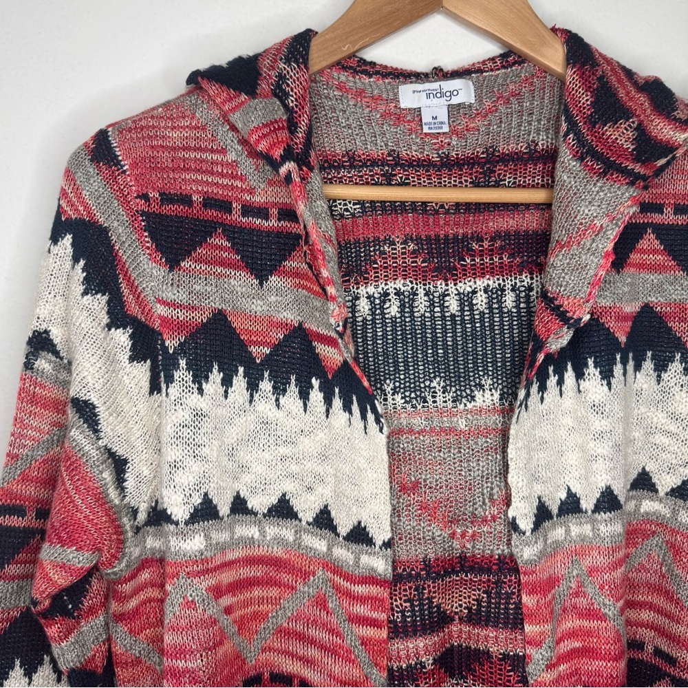 Great Northwest Indigo Women’s Southwestern Geometric Long Hooded Sweater Medium - Picture 2 of 7